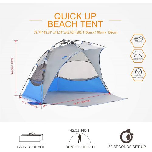  Mobihome Beach Tent Sun Shelter Pop Up, Sand & Surf Beach Shade Tents Umbrella & Portable Canopy Easy Setup for 2-3 Person Outdoor Camping Fishing - with Extended Porch