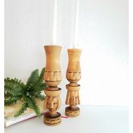 MochaGirlMarketplace Vintage Wood Set of 2 Carved Candlestick Holders