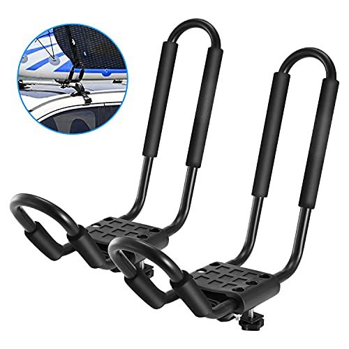  Moclever J-Bar Kayak Roof Rack, Universal HD Marine Kayak Carrier Top Mount Car SUV Crossbar for Kayaks, Canoe, Surfboards, Ski Board & SUP Paddle Boards on SUV, Car & Truck with 2Pcs Tie D