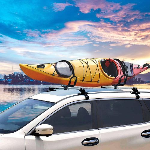  Moclever J-Bar Kayak Roof Rack, Universal HD Marine Kayak Carrier Top Mount Car SUV Crossbar for Kayaks, Canoe, Surfboards, Ski Board & SUP Paddle Boards on SUV, Car & Truck with 2Pcs Tie D