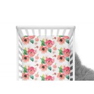 ModFox Fitted Crib Sheet Floral Dreams White- Coral Crib Sheet- Floral Crib Sheet- Baby Bedding- Coral Crib Bedding- Organic Sheet-Soft Minky Sheet