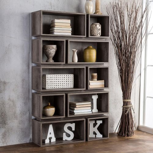  ModHaus Living Modern Distressed Wood Open Back Book Case with 10 Shelf - Includes Pen