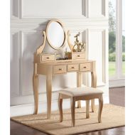 ModHaus Living Modern Transitional Wood Vanity Table and Stool with 5 Drawers and Oval Mirror - Includes Pen (Gold)