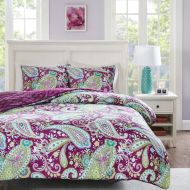 Modern 3 Piece Girls Dark Purple Green White Paisley Theme Comforter Full Queen Set, All Over Boho Scrollwork Flower Motif Bedding, Multi Floral Scroll Reversible Embossed Faux Fur Diamon