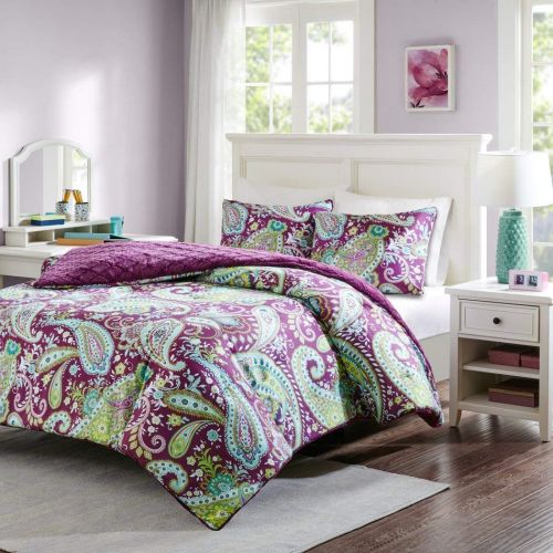  Modern 3 Piece Girls Dark Purple Green White Paisley Theme Comforter Full Queen Set, All Over Boho Scrollwork Flower Motif Bedding, Multi Floral Scroll Reversible Embossed Faux Fur Diamon