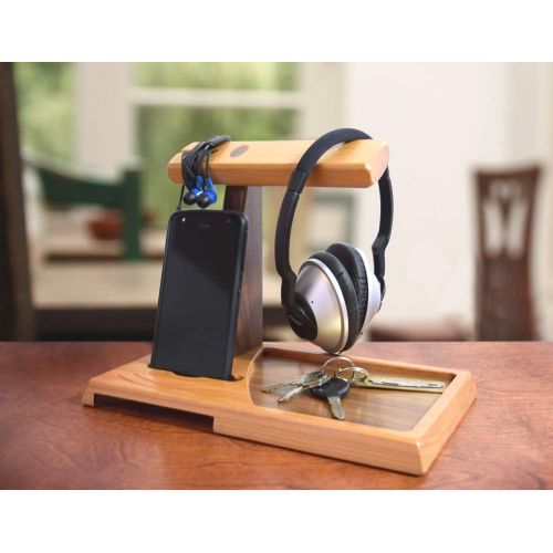  Modern Artisans American Cherry Wood Valet Tray with Headphone Stand and Acoustic Phone Amplifier