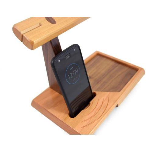  Modern Artisans American Cherry Wood Valet Tray with Headphone Stand and Acoustic Phone Amplifier