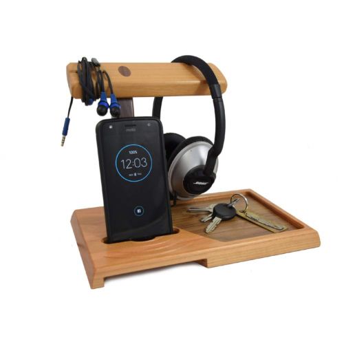  Modern Artisans American Cherry Wood Valet Tray with Headphone Stand and Acoustic Phone Amplifier