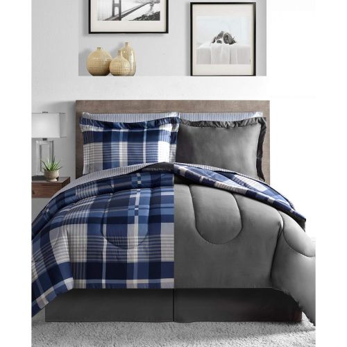  Modern Living Gray & Blue Plaid Stripes Reversible Boys Teen Full Comforter Set (8 Piece Bed in A Bag) + Homemade Wax Melts.