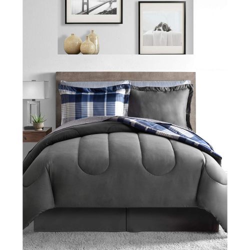  Modern Living Gray & Blue Plaid Stripes Reversible Boys Teen Full Comforter Set (8 Piece Bed in A Bag) + Homemade Wax Melts.