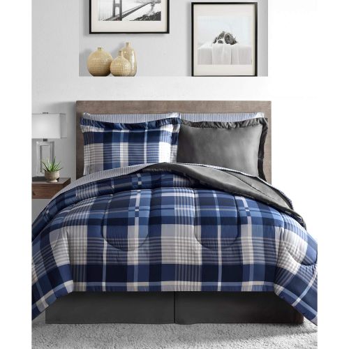  Modern Living Gray & Blue Plaid Stripes Reversible Boys Teen Full Comforter Set (8 Piece Bed in A Bag) + Homemade Wax Melts.