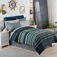 Modern Living Gray, Blue & Green Boys Stripe Full Comforter Set (8 Piece Bed In A Bag) + HOMEMADE WAX MELT