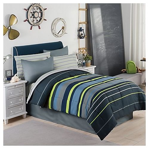  Modern Living Gray, Blue & Green Boys Stripe Full Comforter Set (8 Piece Bed In A Bag) + HOMEMADE WAX MELT