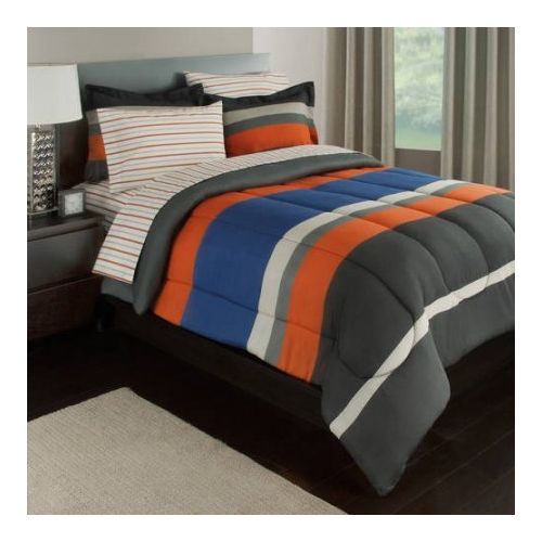  Modern Living Gray, Orange & Blue Stripes Boys Teen Queen Comforter Set (7 Piece Bed In A Bag) + HOMEMADE WAX MELT