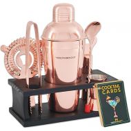 Mixology Bartender Kit - 8-Piece Copper Cocktail Shaker Set with Black Pine Wood Stand, Recipe Cards, and Bar Accessories Ideas