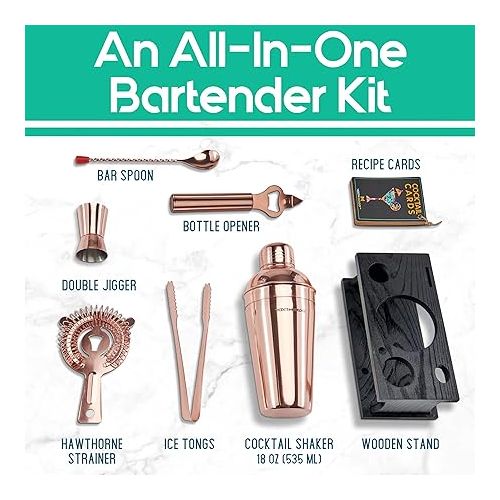  Mixology Bartender Kit - 8-Piece Copper Cocktail Shaker Set with Black Pine Wood Stand, Recipe Cards, and Bar Accessories Ideas