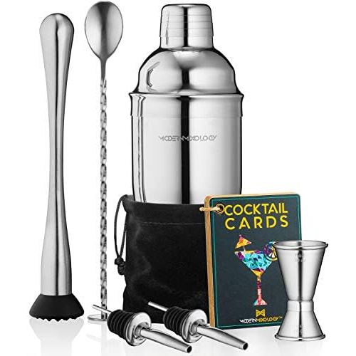  [아마존베스트]Modern Mixology Cocktail Shaker Set Drink Mixer // 8-piece Portable Bartender Kit with 24oz Martini Shaker Bar Tool Set // 2 Pourers // Muddler // Jigger // Mixing Spoon // Velvet Bag // Built-in