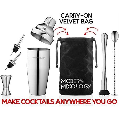  [아마존베스트]Modern Mixology Cocktail Shaker Set Drink Mixer // 8-piece Portable Bartender Kit with 24oz Martini Shaker Bar Tool Set // 2 Pourers // Muddler // Jigger // Mixing Spoon // Velvet Bag // Built-in