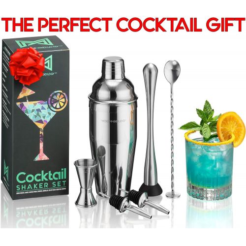  [아마존베스트]Modern Mixology Cocktail Shaker Set Drink Mixer // 8-piece Portable Bartender Kit with 24oz Martini Shaker Bar Tool Set // 2 Pourers // Muddler // Jigger // Mixing Spoon // Velvet Bag // Built-in