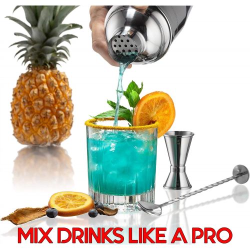  [아마존베스트]Modern Mixology Cocktail Shaker Set Drink Mixer // 8-piece Portable Bartender Kit with 24oz Martini Shaker Bar Tool Set // 2 Pourers // Muddler // Jigger // Mixing Spoon // Velvet Bag // Built-in