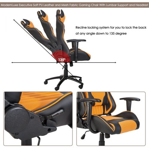  ModernLuxe Odyssey Series Executive Office Gaming Chair with Adjustable Lumbar Support and Headrest in Soft PU Leather and Mesh Fabric (Orange)