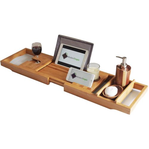  ModernTropic Home and Spa Bamboo Bathtub Caddy and Tray Expandable Non-Slip Wooden Bath Tray Securely Holds Drinks, Book/Tablet, Accessories, Phone