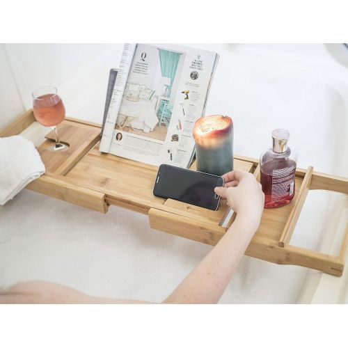  ModernTropic Home and Spa Bamboo Bathtub Caddy and Tray Expandable Non-Slip Wooden Bath Tray Securely Holds Drinks, Book/Tablet, Accessories, Phone
