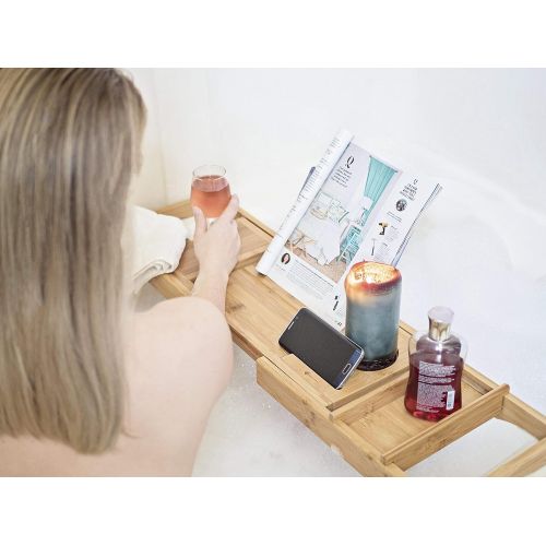  ModernTropic Home and Spa Bamboo Bathtub Caddy and Tray Expandable Non-Slip Wooden Bath Tray Securely Holds Drinks, Book/Tablet, Accessories, Phone