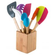 Modernhome SBT-627 9 Piece Assorted Color Heat-Resistant Silicone Bamboo Kitchen Tool Set, Bamboo/Natural