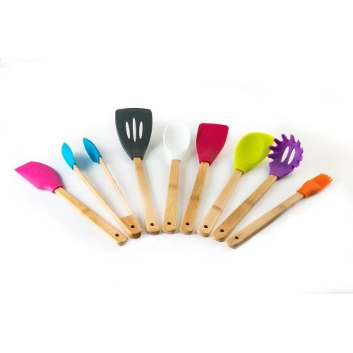  Modernhome SBT-627 9 Piece Assorted Color Heat-Resistant Silicone Bamboo Kitchen Tool Set, Bamboo/Natural