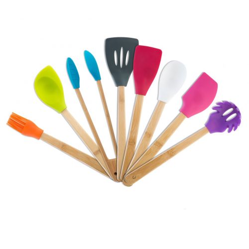  Modernhome SBT-627 9 Piece Assorted Color Heat-Resistant Silicone Bamboo Kitchen Tool Set, Bamboo/Natural