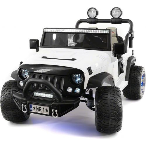  Moderno Kids Explorer 2 (Two) Seater 12V Power Kids Ride-On Car Truck RC Parental Remote + EVA Rubber LED Wheels + Leather Seat + MP3 Music Player Bluetooth FM Radio + LED Lights (White)