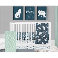 ModifiedTot Baby Boy Crib Bedding, Woodland Nursery, Constellations, Bear, Wolf, Navy and Mint, Triangles, Crib Sheet, Nursery Printables, Minky Blanket