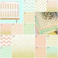 ModifiedTot Metallic Gold Crib Bedding, Pink Gold Nursery, Sparkles, Baby Bedding Crib Set, Pink and Mint, Gold Dots, Gold Chevron, Confetti, Mint Gold