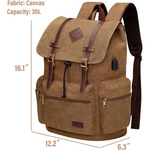  [아마존핫딜][아마존 핫딜] Modoker Canvas Leather Rucksack Backpack Vintage Laptop Bookbag for Men Women, Travel Laptop Backpack with USB Charging Port College School Computer Bag Vegan Daypack,Brown