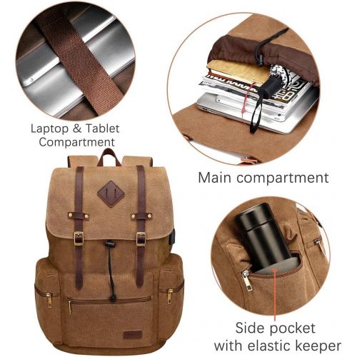  [아마존핫딜][아마존 핫딜] Modoker Canvas Leather Rucksack Backpack Vintage Laptop Bookbag for Men Women, Travel Laptop Backpack with USB Charging Port College School Computer Bag Vegan Daypack,Brown