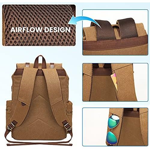  [아마존베스트]Modoker Canvas Laptop Rucksack Backpack Vintage Leather Bookbag for Mens Womens, Durable Travel Laptops Backpack School College Bag with USB Charging Port Fashion Vegan Daypack Fit