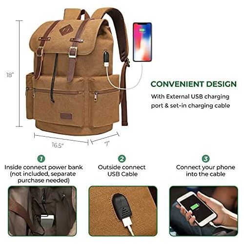  [아마존베스트]Modoker Canvas Laptop Rucksack Backpack Vintage Leather Bookbag for Mens Womens, Durable Travel Laptops Backpack School College Bag with USB Charging Port Fashion Vegan Daypack Fit