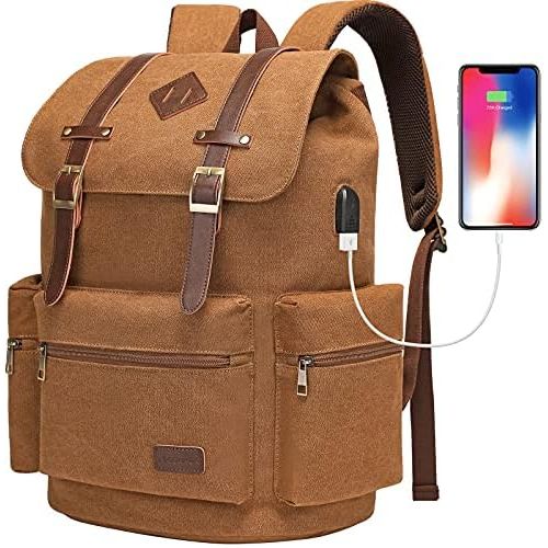  [아마존베스트]Modoker Canvas Laptop Rucksack Backpack Vintage Leather Bookbag for Mens Womens, Durable Travel Laptops Backpack School College Bag with USB Charging Port Fashion Vegan Daypack Fit