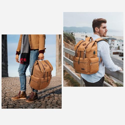  [아마존베스트]Modoker Canvas Laptop Rucksack Backpack Vintage Leather Bookbag for Mens Womens, Durable Travel Laptops Backpack School College Bag with USB Charging Port Fashion Vegan Daypack Fit