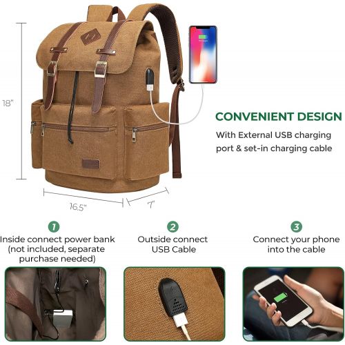  [아마존베스트]Modoker Canvas Laptop Rucksack Backpack Vintage Leather Bookbag for Mens Womens, Durable Travel Laptops Backpack School College Bag with USB Charging Port Fashion Vegan Daypack Fit