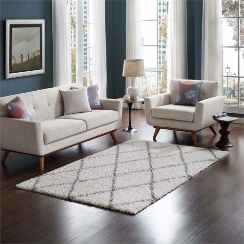  Modway Toryn Diamond Lattice 5x8 Shag Area Rug in Ivory and Gray