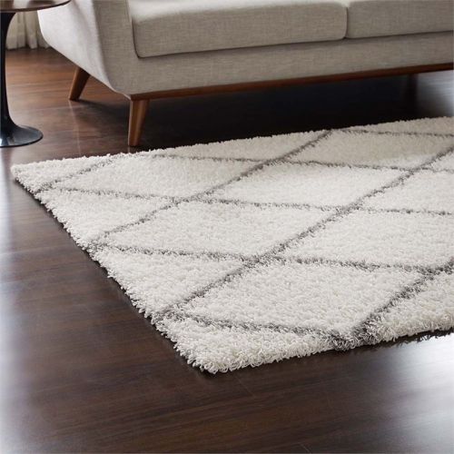  Modway Toryn Diamond Lattice 5x8 Shag Area Rug in Ivory and Gray