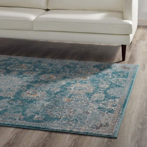  Modway Cynara Distressed Floral Persian Medallion 8x10 Area Rug in Silver Blue, Teal Beige