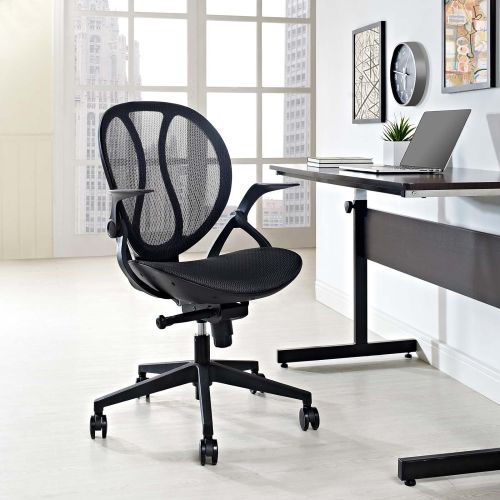  Modway EEI-2772-BLK Conduct Modern Office Flip-up Arms Frame and Black Mesh, Ergonomic Desk and Computer Chair, Black Vinyl
