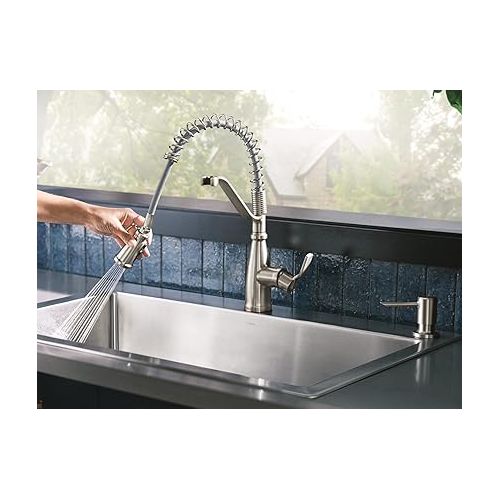  Moen Nolia Spot Resist Stainless One-Handle Pre-Rinse Spring Pulldown Kitchen Faucet, Single Hole Kitchen Sink Faucet with Soap Dispenser, 87886SRS