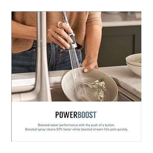  Moen Weymouth Polished Nickel Shepherd's Hook Pulldown Kitchen Faucet Featuring Metal Wand with Power Boost, S73004NL