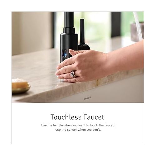  Moen Haelyn Matte Black Touchless Single-Handle Pull-Down Sprayer Kitchen Faucet with Soap Dispenser, Features Power Clean for a Faster Wash, 87627EWBL