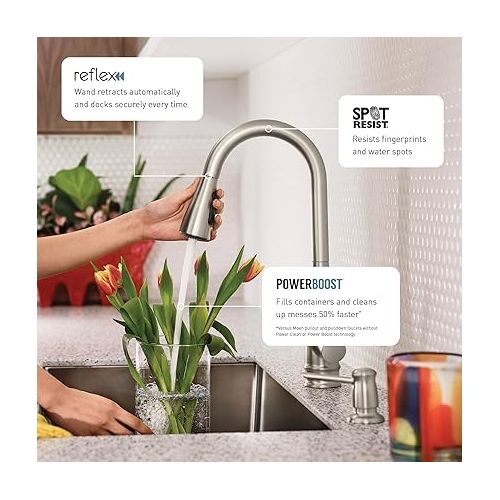  Moen Weymouth Spot Resist Stainless Shepherd's Hook Pulldown Kitchen Faucet Featuring Metal Wand with Power Boost, S73004SRS