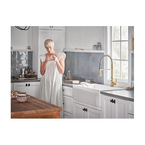 Moen WeymouthBrushed Gold One Handle Pre-Rinse Spring Farmhouse Pulldown Kitchen Faucet with Power Boost for a Faster Clean, S73104BG